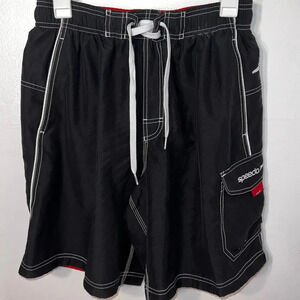 Speedo, M, black, red, white cargo board shorts, tie, mesh lined swim trunks